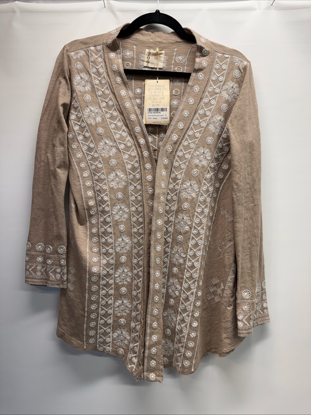NWT Umbrale Brand‎ Cardigan Tunic Sz L Open Front Embroidered Cotton Beige Boho